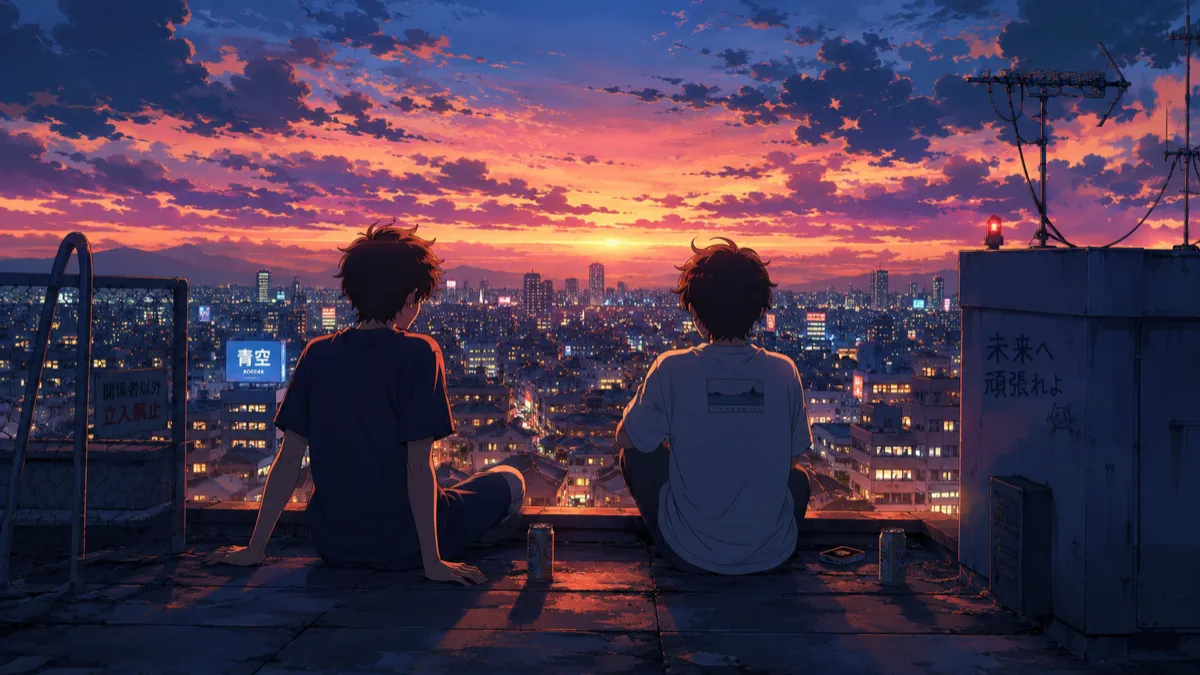 Anime rooftop at dusk, city lights, cel shading, rim light — Krea 2 Medium example, 16:9, medium creativity