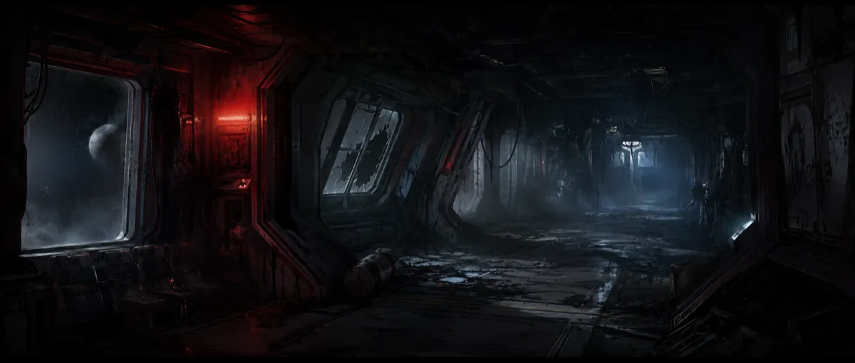 Concept art, derelict space-station corridor, volumetric haze — Krea 2 Large example, 2.35:1, high creativity