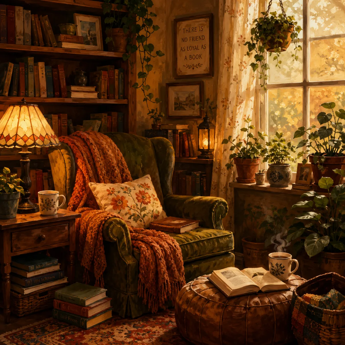 Cozy reading nook, warm lamps, potted plants, painterly illustration — Krea 2 Medium example, 1:1, high creativity