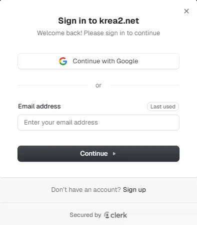 Krea 2 sign-in modal with Google and email sign-in options