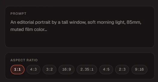 Krea 2 text prompt field with aspect ratio chips including 1:1, 4:3, 3:2, and 16:9