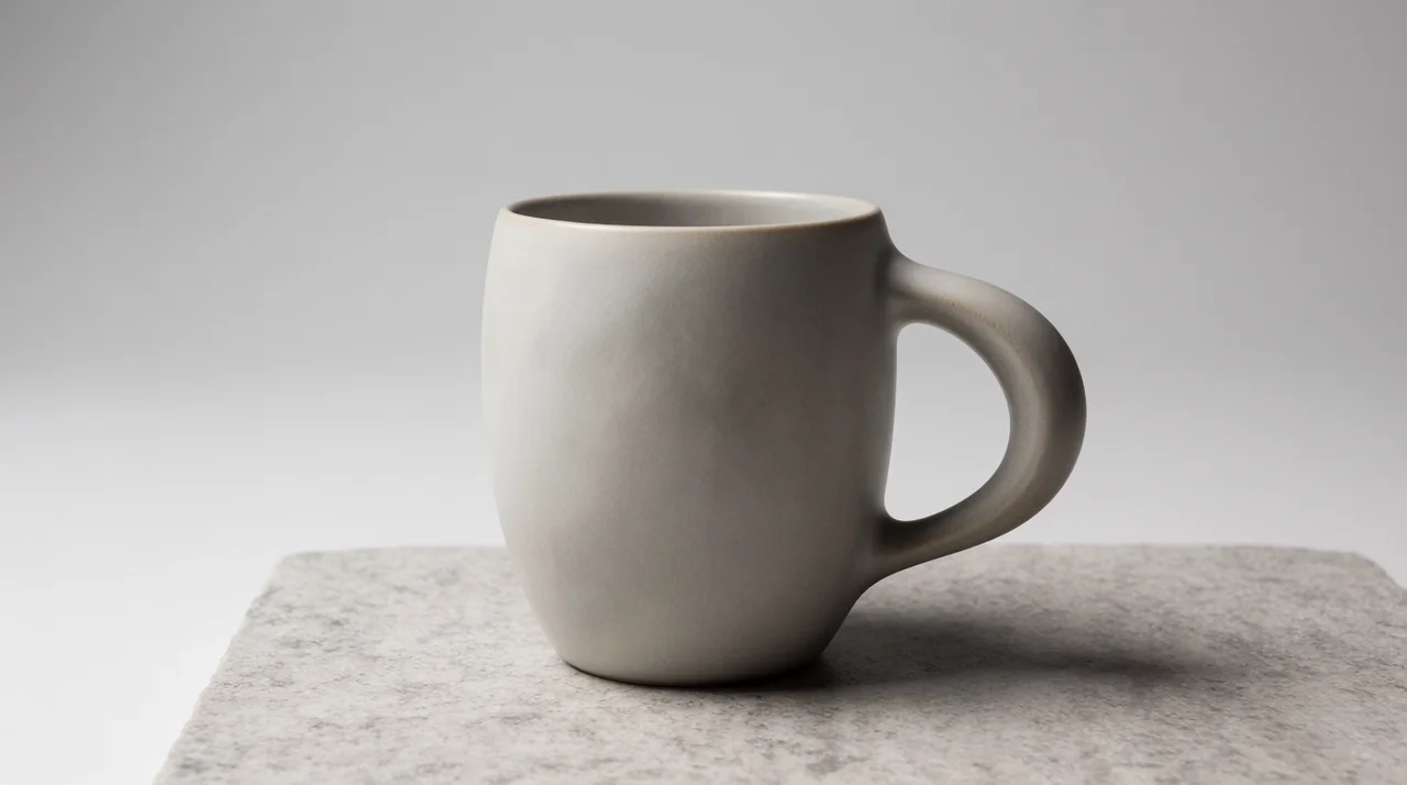 Matte ceramic coffee mug product shot on a stone surface with softbox lighting
