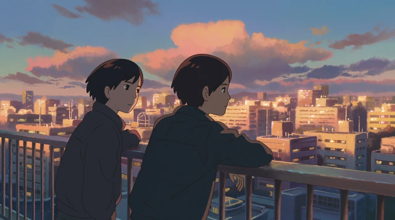Anime rooftop illustration at dusk with two friends watching city lights