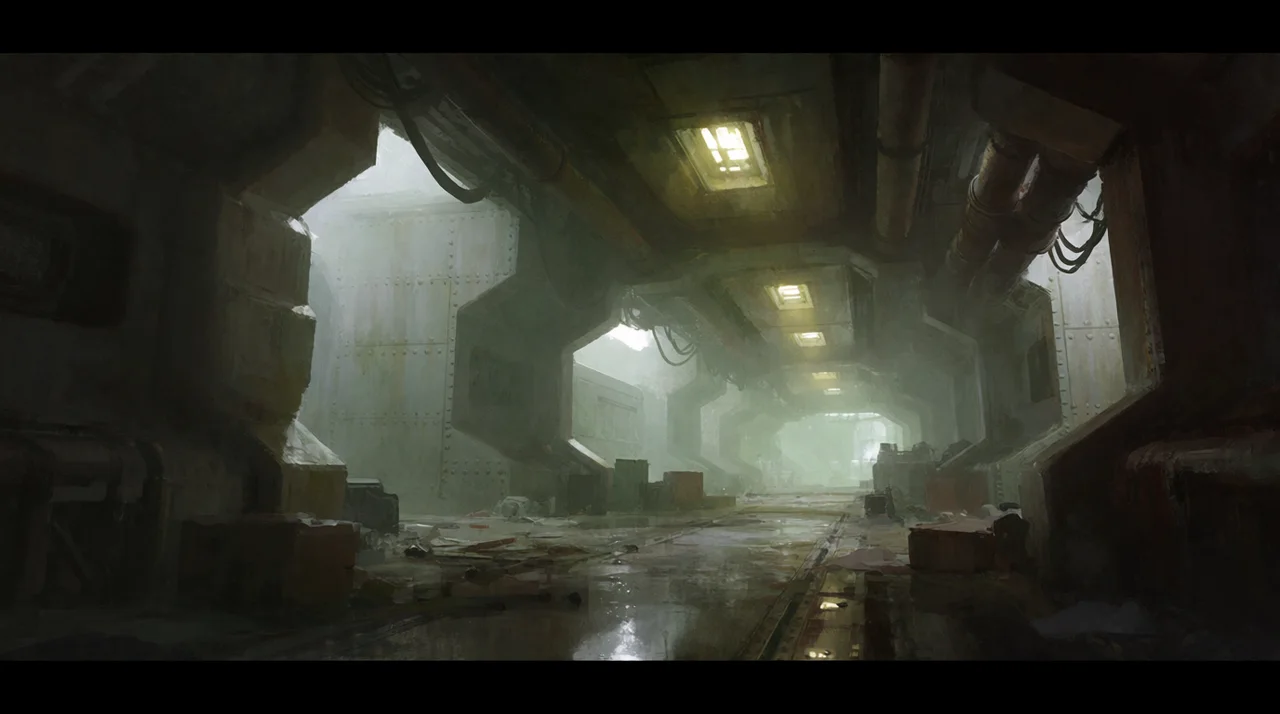 Concept art of a derelict space-station corridor with volumetric haze and emergency lighting