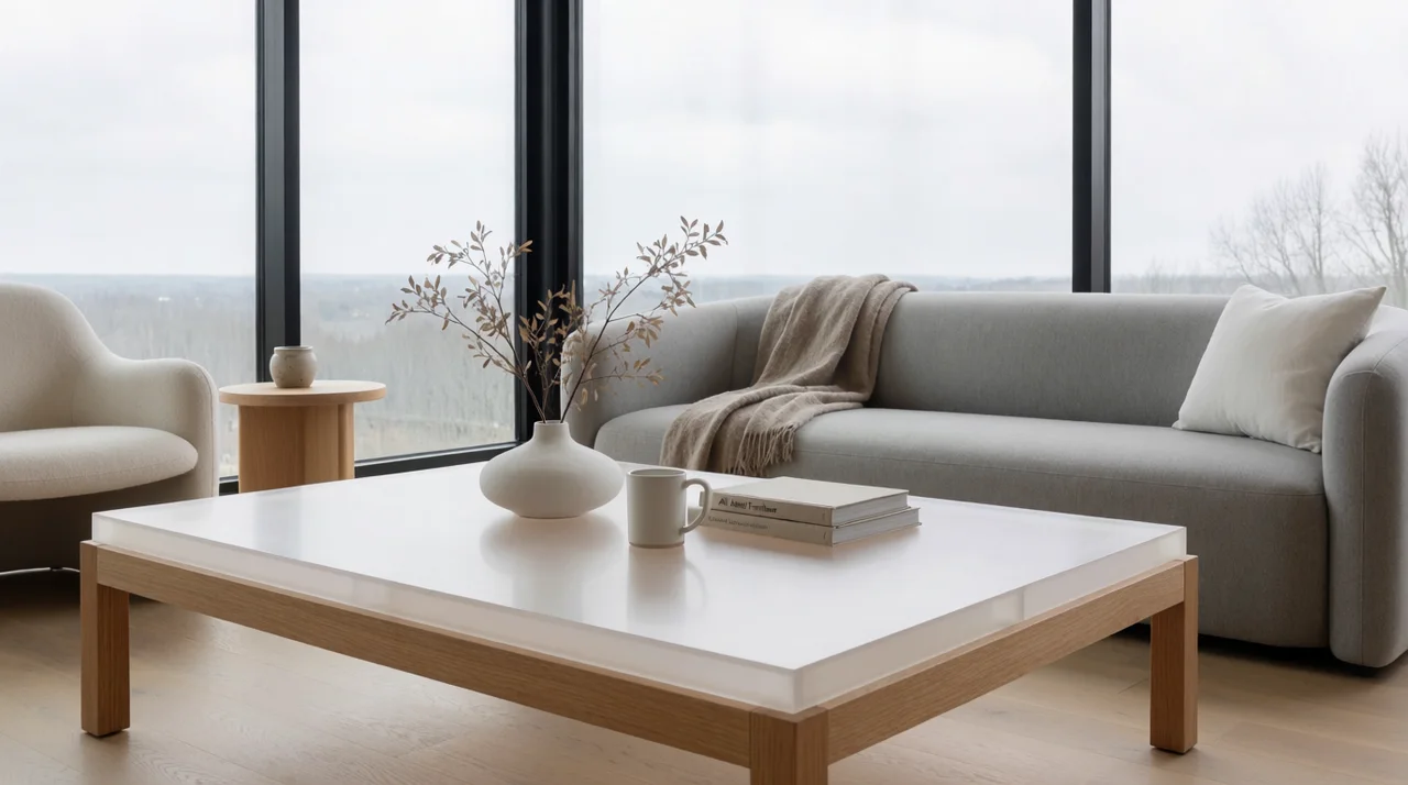 Minimalist Scandinavian living room with large windows, warm oak floor, and soft daylight