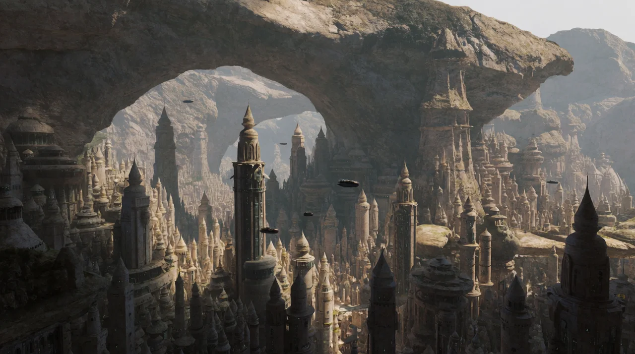 Krea 2 concept art test with ancient futuristic city in canyon cliffs