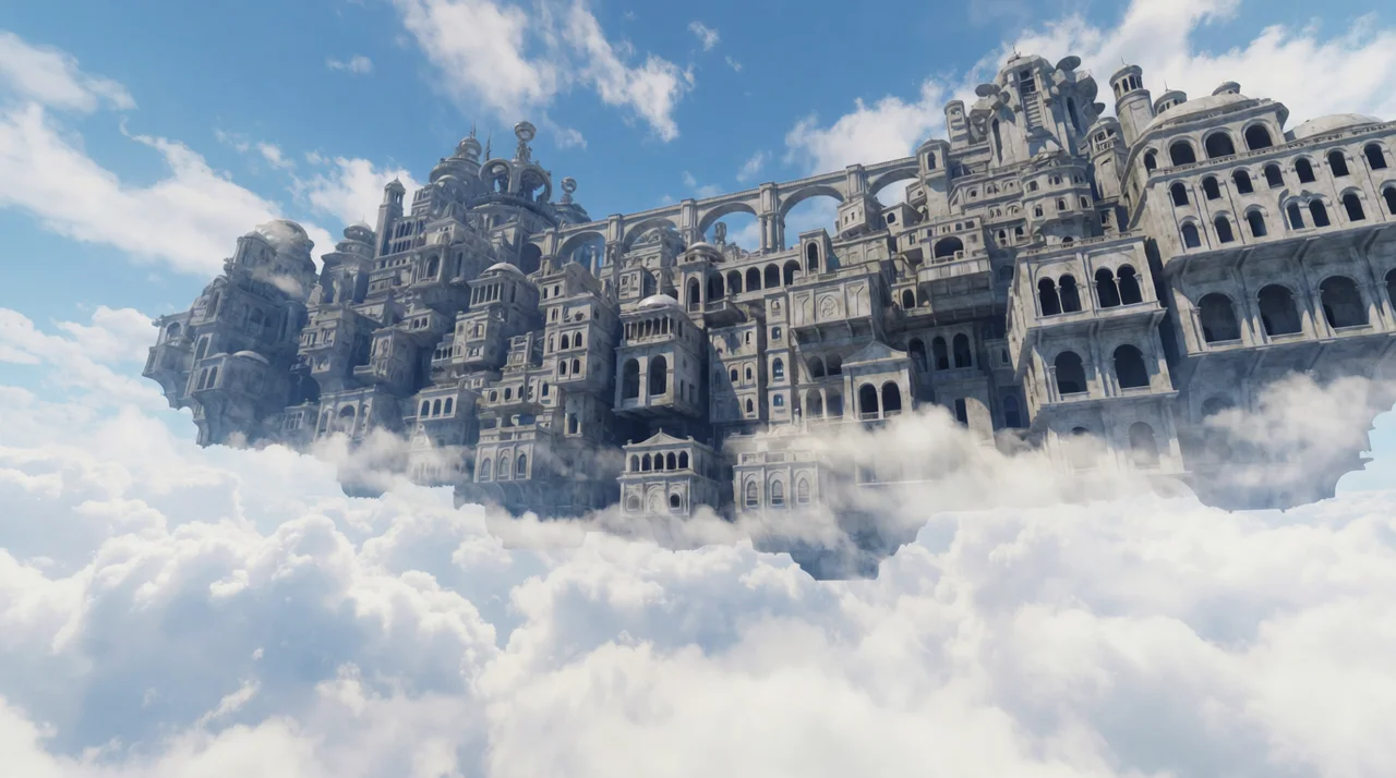 Krea 2 concept development use case with ancient floating city above clouds