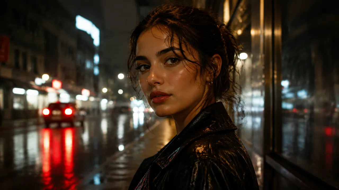 Krea 2 portrait result: young woman on a rainy night street with cinematic lighting and editorial color grading