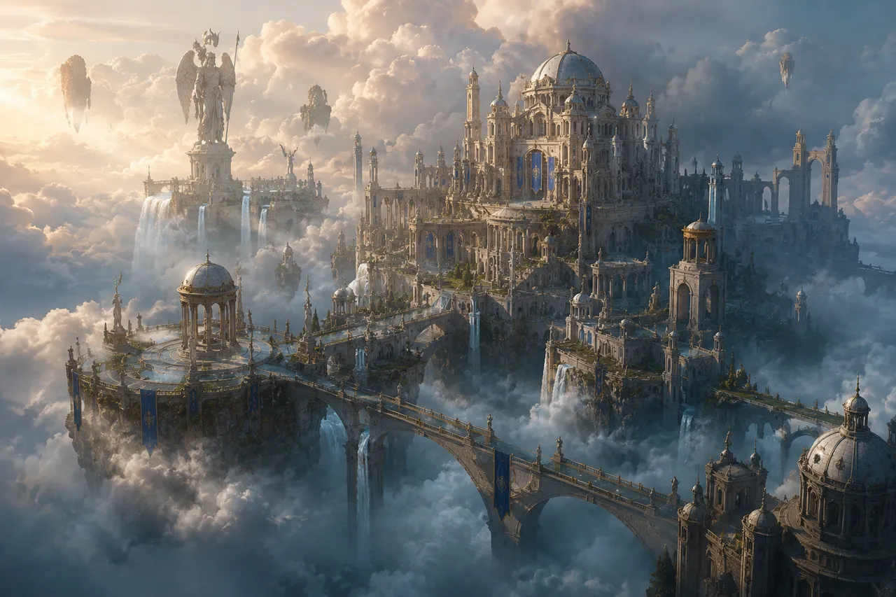 Krea 2 concept art result: ancient floating city above the clouds with epic cinematic scale and unexpected composition