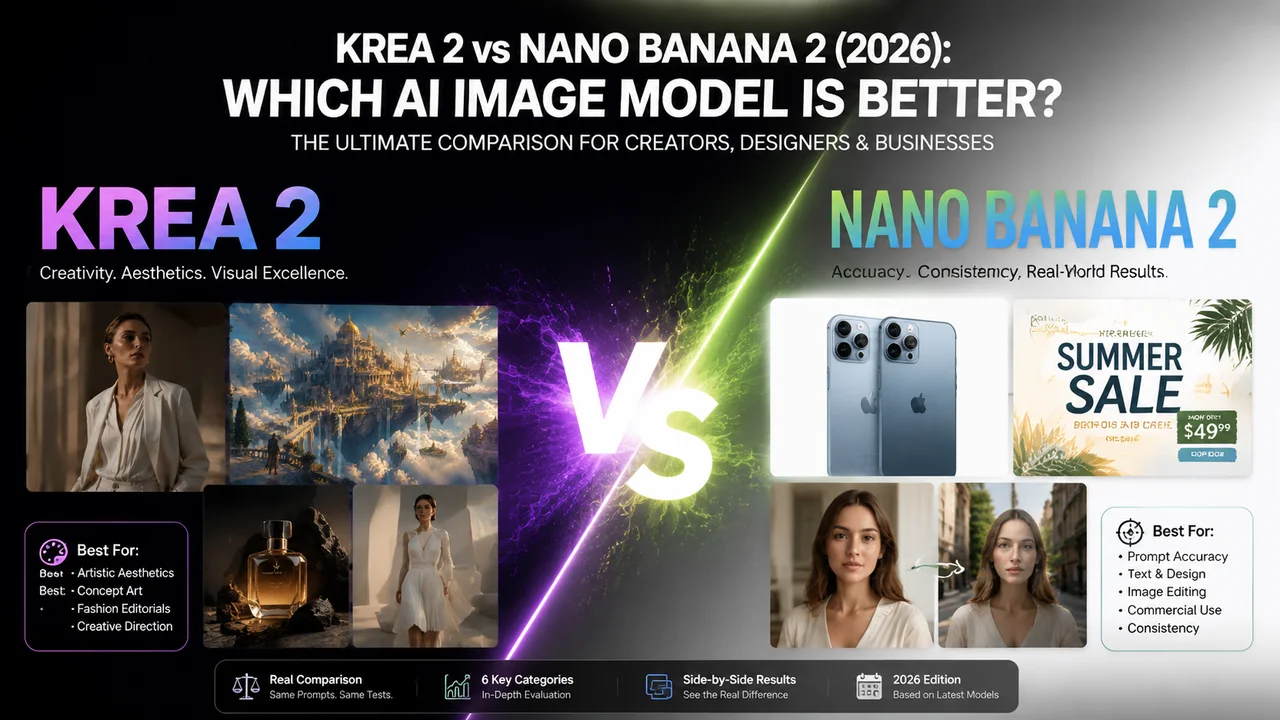 Krea 2 vs Nano Banana 2 decision matrix comparing creative direction, prompt accuracy, text rendering, and business workflows