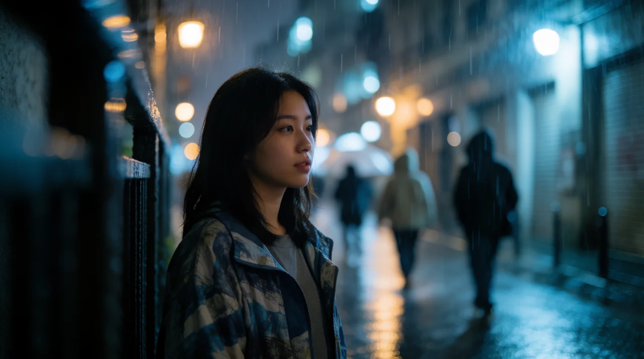 Krea 2 portrait result with cinematic rainy-night lighting, soft reflections, and editorial color grading