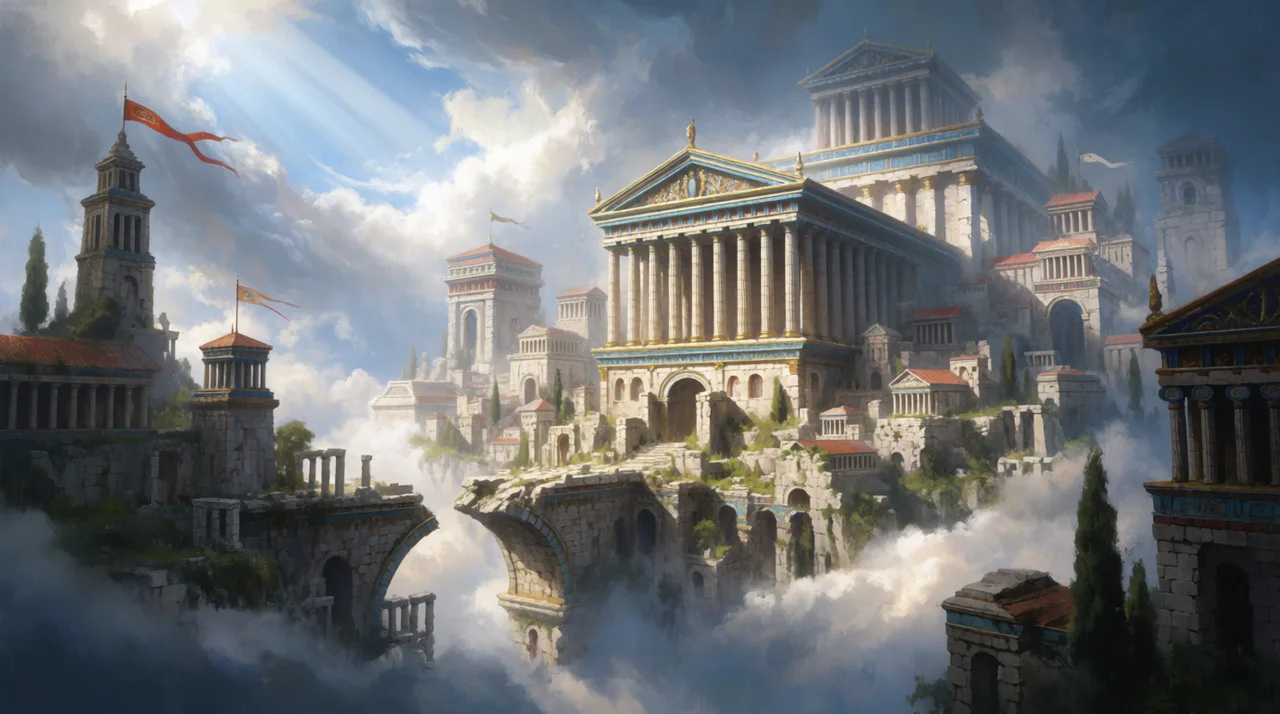 Krea 2 concept art result showing an ancient floating city above the clouds with epic cinematic scale
