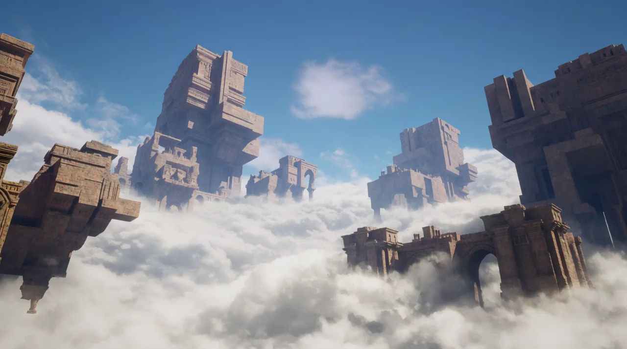 Nano Banana 2 concept art result staying close to the prompt for an ancient floating city above the clouds